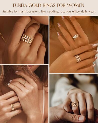 FUNEIA Stackable Silver Gold Rings for Women Non Tarnish 14K Gold Plated Thumb Cubic Zirconia Rings for Women Dainty Pinky Promise Wedding Ring Set Women's Engagement Eternity Band Rings Gold Jewelry in Kuwait