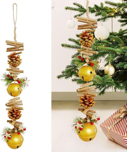 23.6 Inches Christmas Pinecone and Bell Hanging Garland Decoration, Rustic Wood Stick and Pine Leaf Garland with Bells, Holiday Ornament for Door Wall Fireplace, Indoor Outdoor Xmas Decor (Gold) in Saudi Arabia