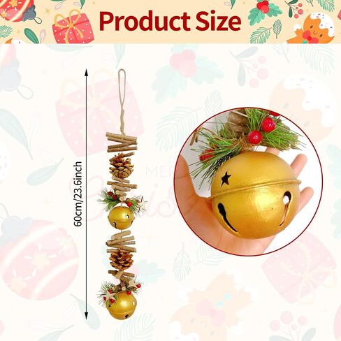 23.6 Inches Christmas Pinecone and Bell Hanging Garland Decoration, Rustic Wood Stick and Pine Leaf Garland with Bells, Holiday Ornament for Door Wall Fireplace, Indoor Outdoor Xmas Decor (Gold) in Saudi Arabia
