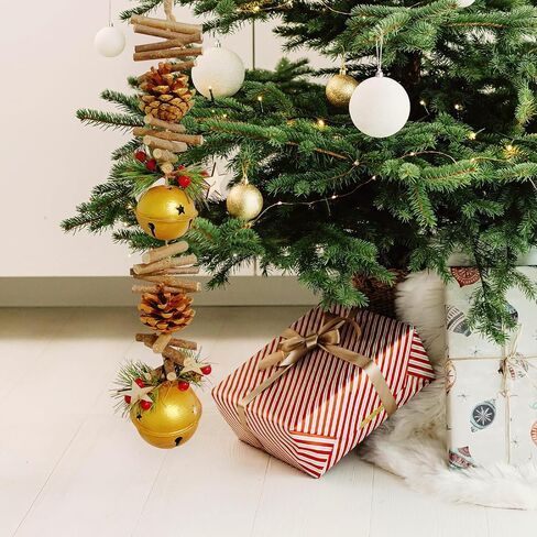 23.6 Inches Christmas Pinecone and Bell Hanging Garland Decoration, Rustic Wood Stick and Pine Leaf Garland with Bells, Holiday Ornament for Door Wall Fireplace, Indoor Outdoor Xmas Decor (Gold) in Saudi Arabia