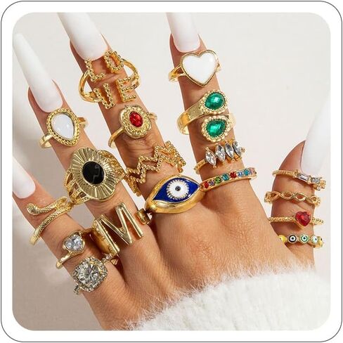 Gold Silver Rings for Women Pearl Colorful Rhinestone Waterproof Chunky Silver Ring Non Tarnish Gold Ring Set Stackable Statement Rings Adjustable Open Fashion Jewelry in Saudi Arabia