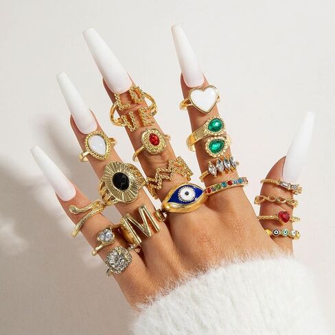 Gold Silver Rings for Women Pearl Colorful Rhinestone Waterproof Chunky Silver Ring Non Tarnish Gold Ring Set Stackable Statement Rings Adjustable Open Fashion Jewelry in Saudi Arabia