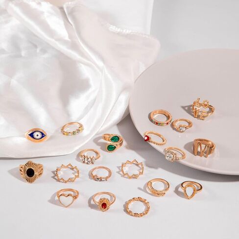 Gold Silver Rings for Women Pearl Colorful Rhinestone Waterproof Chunky Silver Ring Non Tarnish Gold Ring Set Stackable Statement Rings Adjustable Open Fashion Jewelry in Saudi Arabia