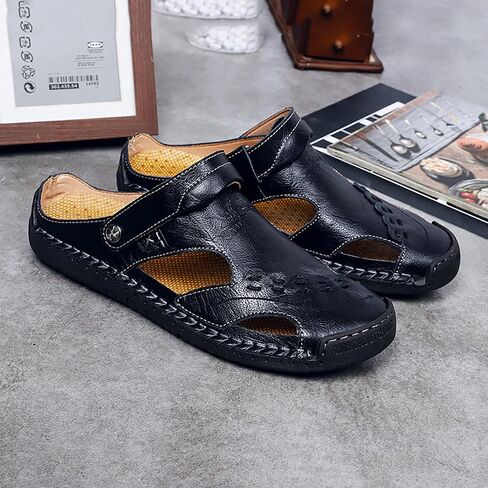 Mens Leather Sandals Hollow Closed Toe Summer Outdoor Casual Beach Shoes in Saudi Arabia