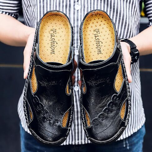 Mens Leather Sandals Hollow Closed Toe Summer Outdoor Casual Beach Shoes in Saudi Arabia
