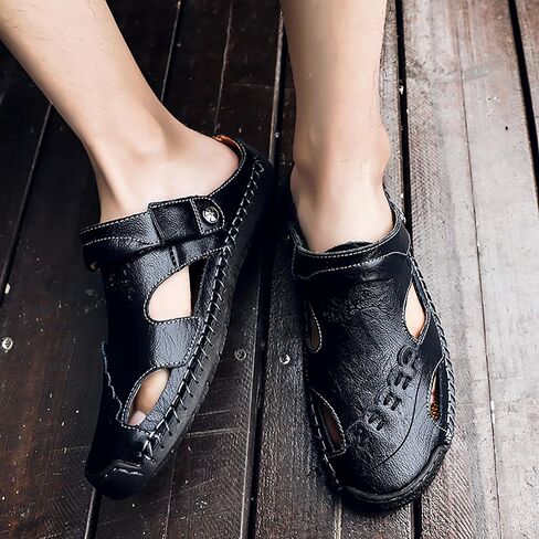 Mens Leather Sandals Hollow Closed Toe Summer Outdoor Casual Beach Shoes in Saudi Arabia