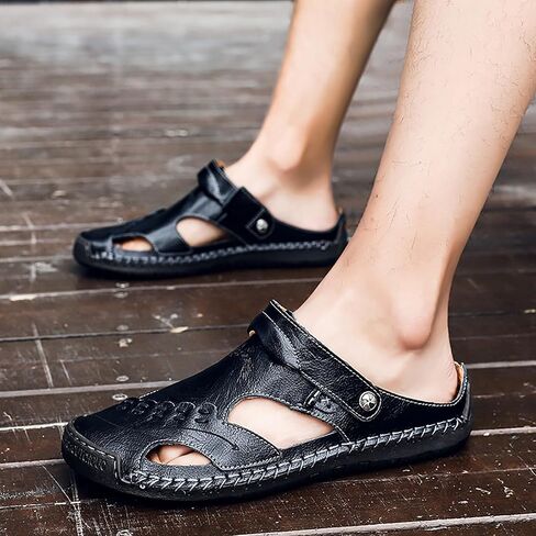 Mens Leather Sandals Hollow Closed Toe Summer Outdoor Casual Beach Shoes in Saudi Arabia