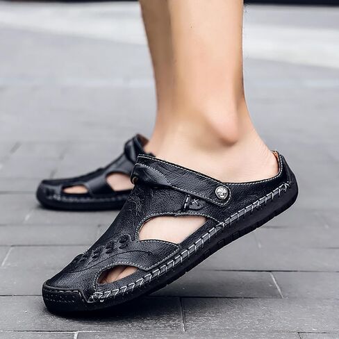 Mens Leather Sandals Hollow Closed Toe Summer Outdoor Casual Beach Shoes in Saudi Arabia