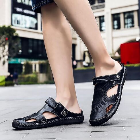 Mens Leather Sandals Hollow Closed Toe Summer Outdoor Casual Beach Shoes in Saudi Arabia