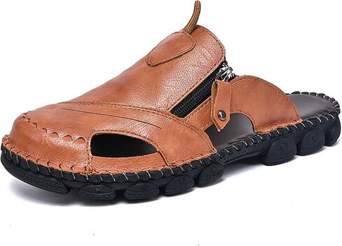 Mens Leather Sandals Hollow Closed Toe Summer Outdoor Casual Beach Shoes in Saudi Arabia