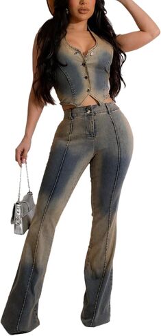 acelyn Women’s Denim Set Vintage Denim Stretch Halter Top and Flare Jeans Outfits Summer Two Piece Outfits Dressy Pants Suits in Saudi Arabia