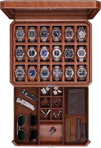 ROTHWELL 18-Slot Watch Case with Drawer – Luxury Watch Box for Men, Real Glass Top, Lockable, Display Case for Collections (Tan/Brown) in Saudi Arabia