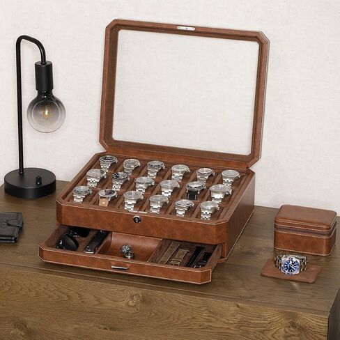 ROTHWELL 18-Slot Watch Case with Drawer – Luxury Watch Box for Men, Real Glass Top, Lockable, Display Case for Collections (Tan/Brown) in Saudi Arabia