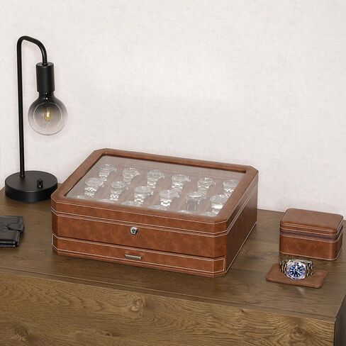 ROTHWELL 18-Slot Watch Case with Drawer – Luxury Watch Box for Men, Real Glass Top, Lockable, Display Case for Collections (Tan/Brown) in Saudi Arabia