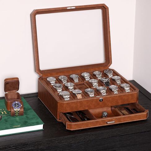 ROTHWELL 18-Slot Watch Case with Drawer – Luxury Watch Box for Men, Real Glass Top, Lockable, Display Case for Collections (Tan/Brown) in Saudi Arabia