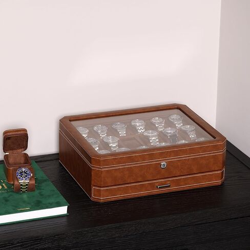 ROTHWELL 18-Slot Watch Case with Drawer – Luxury Watch Box for Men, Real Glass Top, Lockable, Display Case for Collections (Tan/Brown) in Saudi Arabia