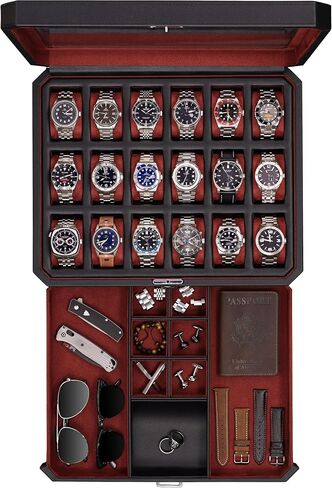 ROTHWELL 18-Slot Watch Case with Drawer – Luxury Watch Box for Men, Real Glass Top, Lockable, Display Case for Collections (Tan/Brown) in Saudi Arabia