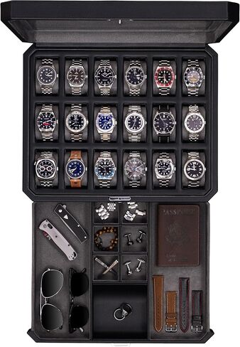 ROTHWELL 18-Slot Watch Case with Drawer – Luxury Watch Box for Men, Real Glass Top, Lockable, Display Case for Collections (Tan/Brown) in Saudi Arabia
