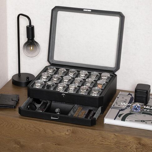 ROTHWELL 18-Slot Watch Case with Drawer – Luxury Watch Box for Men, Real Glass Top, Lockable, Display Case for Collections (Tan/Brown) in Saudi Arabia