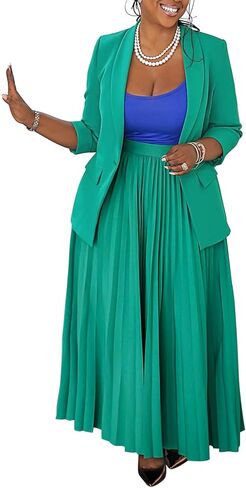 Women 2 Piece Plus Size Business Skirt Suit Sets Long Sleeve Open Front Blazer and High Waist Pleated Maxi Skirt in Saudi Arabia
