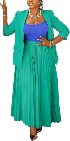 Women 2 Piece Plus Size Business Skirt Suit Sets Long Sleeve Open Front Blazer and High Waist Pleated Maxi Skirt in Saudi Arabia