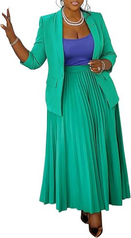 Women 2 Piece Plus Size Business Skirt Suit Sets Long Sleeve Open Front Blazer and High Waist Pleated Maxi Skirt in Saudi Arabia