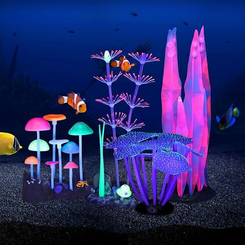 Glowing Fish Tank Decorations Plants, 4 pcs Glow Aquarium Decorations, Glowing Coral Plant Ornaments Lotus Kelp and Anemone in Saudi Arabia