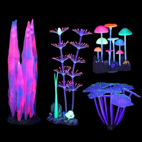 Glowing Fish Tank Decorations Plants, 4 pcs Glow Aquarium Decorations, Glowing Coral Plant Ornaments Lotus Kelp and Anemone in Saudi Arabia