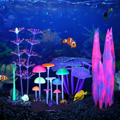Glowing Fish Tank Decorations Plants, 4 pcs Glow Aquarium Decorations, Glowing Coral Plant Ornaments Lotus Kelp and Anemone in Saudi Arabia