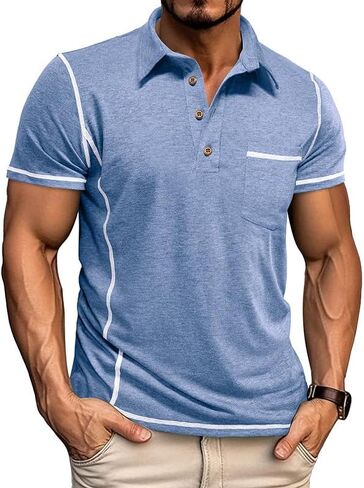 Men's Casual Polo Shirts Classic Short Sleeve Button Tees Basic Golf Shirt Cotton Top with Pocket in Kuwait