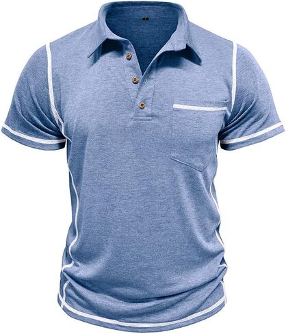 Men's Casual Polo Shirts Classic Short Sleeve Button Tees Basic Golf Shirt Cotton Top with Pocket in Kuwait