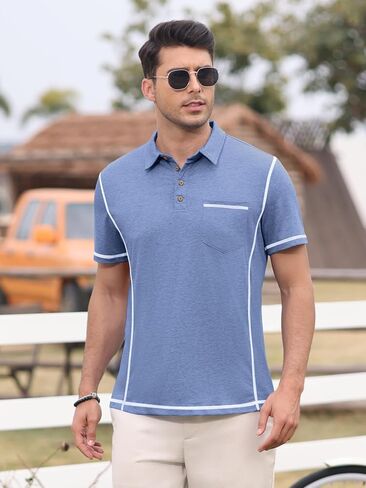 Men's Casual Polo Shirts Classic Short Sleeve Button Tees Basic Golf Shirt Cotton Top with Pocket in Kuwait