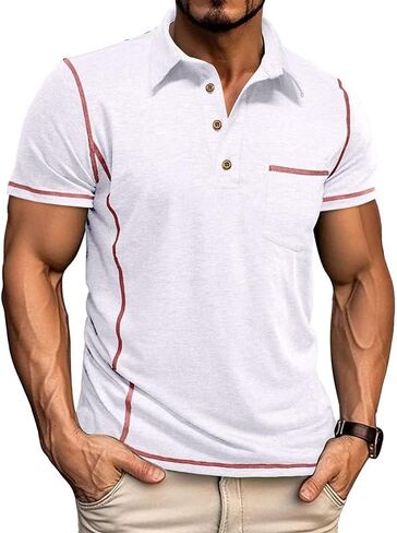 Men's Casual Polo Shirts Classic Short Sleeve Button Tees Basic Golf Shirt Cotton Top with Pocket in Saudi Arabia