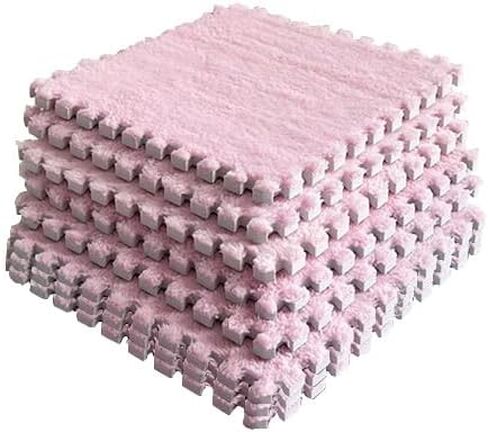 12 pcs Shaggy Soft EVA Foam Interlocking Carpet Fluffy Rugs Protective Floor Tiles Sport Play mats for Home Parlor, Bedroom, Children Kids Room (Pink) in Saudi Arabia