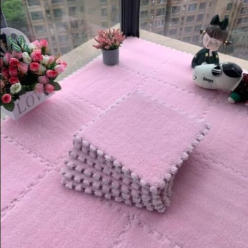 12 pcs Shaggy Soft EVA Foam Interlocking Carpet Fluffy Rugs Protective Floor Tiles Sport Play mats for Home Parlor, Bedroom, Children Kids Room (Pink) in Saudi Arabia