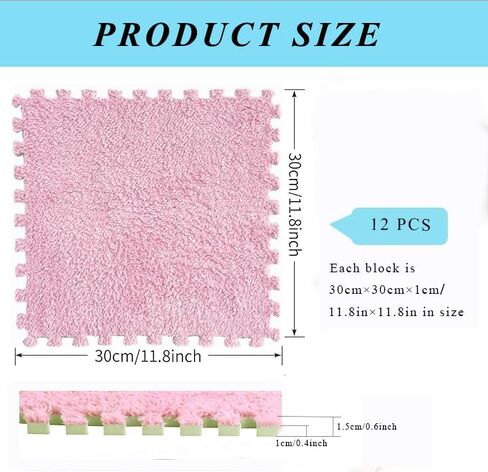 12 pcs Shaggy Soft EVA Foam Interlocking Carpet Fluffy Rugs Protective Floor Tiles Sport Play mats for Home Parlor, Bedroom, Children Kids Room (Pink) in Saudi Arabia
