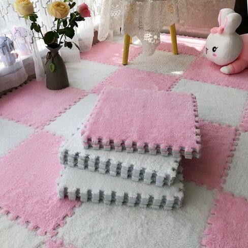 12 pcs Shaggy Soft EVA Foam Interlocking Carpet Fluffy Rugs Protective Floor Tiles Sport Play mats for Home Parlor, Bedroom, Children Kids Room (Pink) in Saudi Arabia