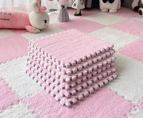 12 pcs Shaggy Soft EVA Foam Interlocking Carpet Fluffy Rugs Protective Floor Tiles Sport Play mats for Home Parlor, Bedroom, Children Kids Room (Pink) in Saudi Arabia