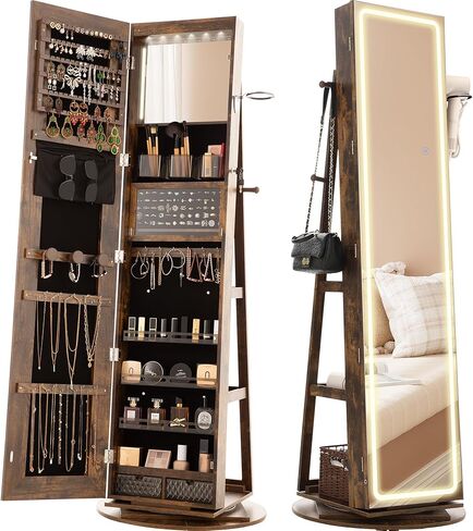 IRONCK LED Mirror Jewelry Cabinet Standing, 360° Swivel Lockable Jewelry Armoire with Full Length Mirror and Adjustable LED Lights, Jewelry Organizers and Storage with 3 Storage Shelves, Black in Saudi Arabia