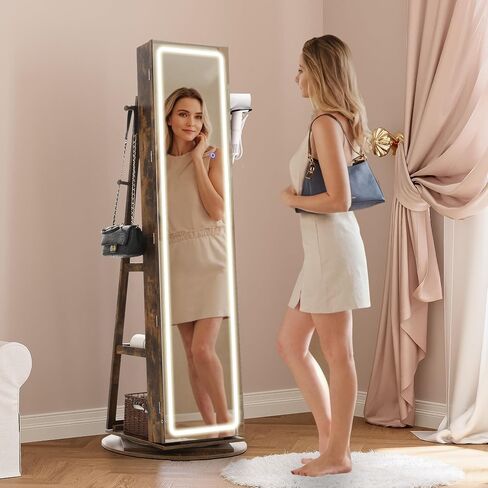 IRONCK LED Mirror Jewelry Cabinet Standing, 360° Swivel Lockable Jewelry Armoire with Full Length Mirror and Adjustable LED Lights, Jewelry Organizers and Storage with 3 Storage Shelves, Black in Saudi Arabia