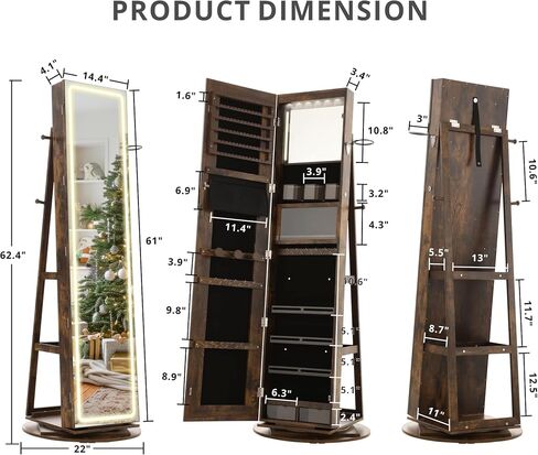 IRONCK LED Mirror Jewelry Cabinet Standing, 360° Swivel Lockable Jewelry Armoire with Full Length Mirror and Adjustable LED Lights, Jewelry Organizers and Storage with 3 Storage Shelves, Black in Saudi Arabia