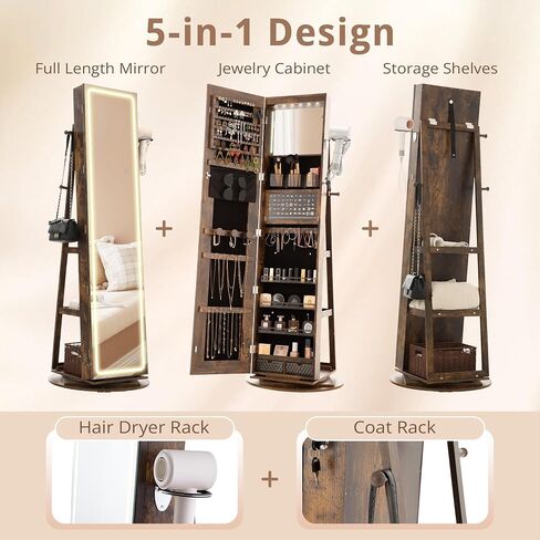 IRONCK LED Mirror Jewelry Cabinet Standing, 360° Swivel Lockable Jewelry Armoire with Full Length Mirror and Adjustable LED Lights, Jewelry Organizers and Storage with 3 Storage Shelves, Black in Saudi Arabia