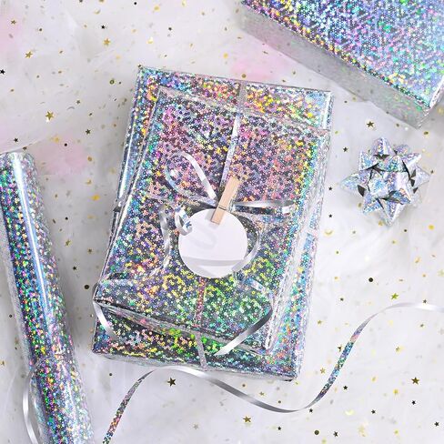 Garbendy Holographic Foil Colorful Wrapping Paper - Mini Roll - Blue Star 17 Inch X 32.8 Feet Perfect for Birthday,Wedding,Baby,Bridal Shower,Graduate Party，Chanukah Celebration and more Occasions in Saudi Arabia