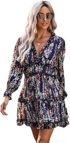 Elegant Dress Spring and Summer and Autumn Chiffon Gathered Waist Sexy high Waist Long Sleeve Floral Skirt Female in Kuwait