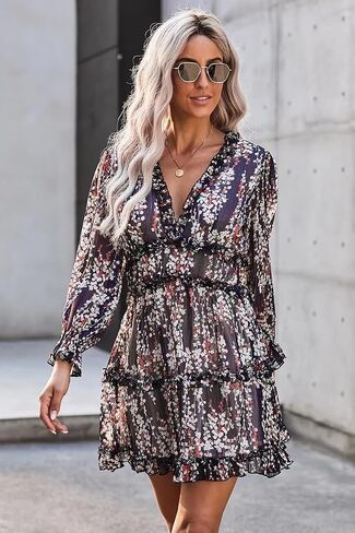 Elegant Dress Spring and Summer and Autumn Chiffon Gathered Waist Sexy high Waist Long Sleeve Floral Skirt Female in Kuwait