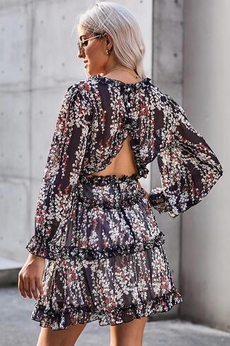 Elegant Dress Spring and Summer and Autumn Chiffon Gathered Waist Sexy high Waist Long Sleeve Floral Skirt Female in Kuwait