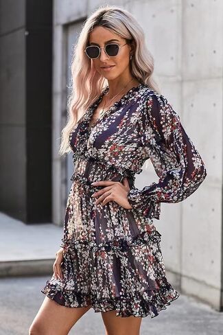Elegant Dress Spring and Summer and Autumn Chiffon Gathered Waist Sexy high Waist Long Sleeve Floral Skirt Female in Kuwait