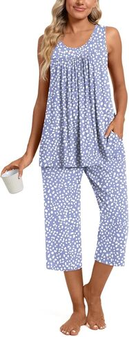TAOHUADAO Womens Summer 2 Piece Pajama Sets, Sleeveless Tops with Capri Pants, Lounge Ladies Pjs Sets with Pockets in Kuwait