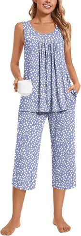 TAOHUADAO Womens Summer 2 Piece Pajama Sets, Sleeveless Tops with Capri Pants, Lounge Ladies Pjs Sets with Pockets in Kuwait