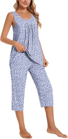 TAOHUADAO Womens Summer 2 Piece Pajama Sets, Sleeveless Tops with Capri Pants, Lounge Ladies Pjs Sets with Pockets in Kuwait